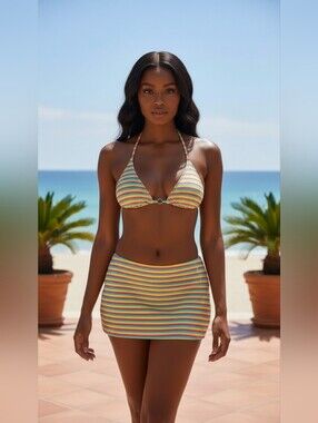 "Nova Swim 3-Piece Rainbow Stripe Bikini Set Skirt Halter Top Bottom Medium Y2K"